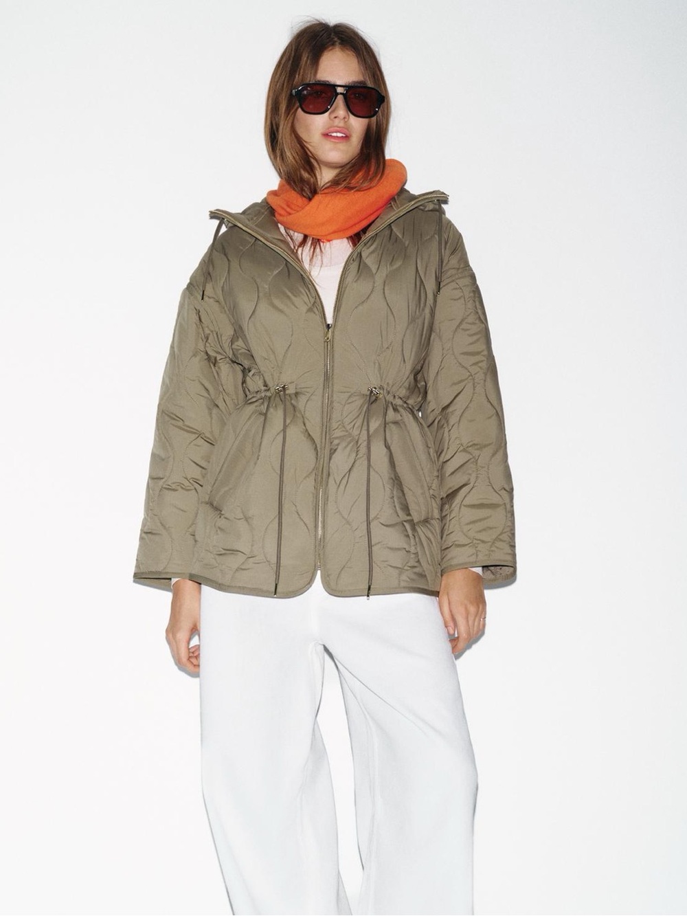 Zara Olive Green Quilted Jacket with Orange Scarf Accent
